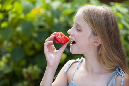 Portrait of a beautiful Little girl eating a slice of tomato on the background of summer parkの写真素材