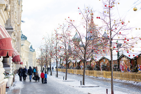 View of Kremlin and Cathedral of St. Basil at the Red Square decorated for New Year and Christmas holidays in winter, Moscow, Russia.のeditorial素材