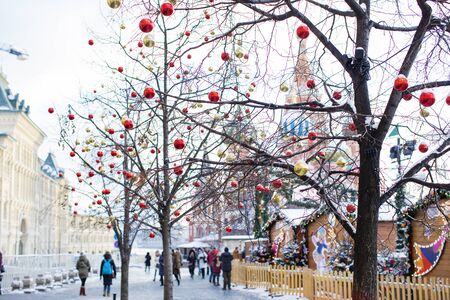 View of Kremlin and Cathedral of St. Basil at the Red Square decorated for New Year and Christmas holidays in winter, Moscow, Russia.のeditorial素材