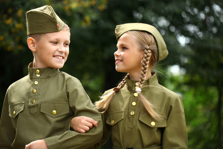 Two children in military uniforms of the Great Patriotic War. World War IIの写真素材