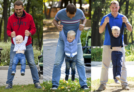A collage of three temporary photographs - two, three and four years old boy, whose father holds...