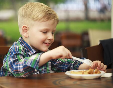 Blonde little boy eating fried potatoes at a cafe, food conceptの写真素材