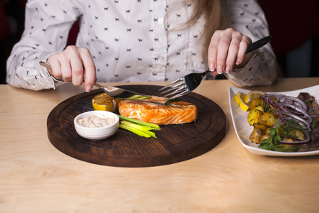 Restaurant dish - Roasted salmon steakの写真素材