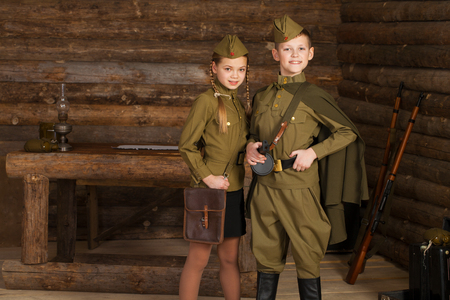 Two children in military uniforms of the Great Patriotic War. World War IIの写真素材