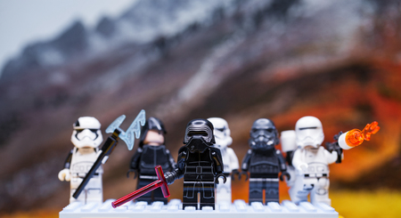 RUSSIAN, April 01, 2018. Lego star wars clone troopers army. Lego minifigures are manufactured by The Lego Group. Kylo Ren and the Storm?roopers Teamのeditorial素材