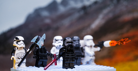 RUSSIAN, April 01, 2018. Lego star wars clone troopers army. Lego minifigures are manufactured by The Lego Group. Kylo Ren and the Storm?roopers Teamのeditorial素材