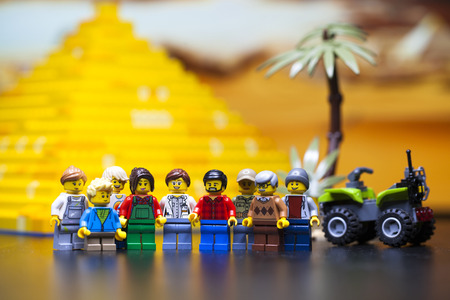 RUSSIA, April 12, 2018. Constructor Lego Classic - Minifigurki little people. Group of tourists near the Egyptian pyramidのeditorial素材
