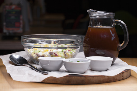 Russian national dish - okroshka. Ingredients for preparing the cold soup okroshka, russian foodの写真素材