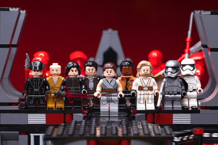 RUSSIAN, SAMARA - February 8, 2019. LEGO STAR WARS. Minifigures Star Wars Characters - Episode 8: The Last Jedi. Kylo Ren, Rey, Phasma, Snoke, Hux and Squad of stormtroopersのeditorial素材