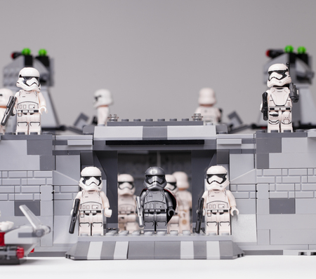 RUSSIAN, SAMARA - February 6, 2019. LEGO STAR WARS. Minifigures Star Wars Characters - Episode 8, Captain Phasma and Squad of stormtroopersのeditorial素材