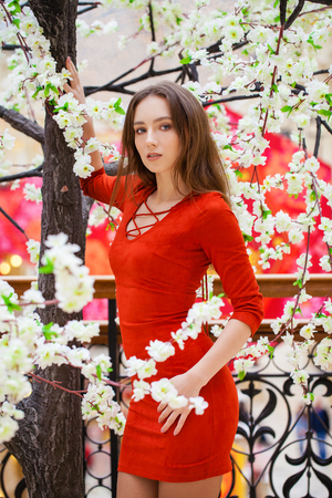 Close up, Young beautiful blonde woman in white blouse in spring flowers cherryの写真素材