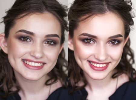 Happy brunette girl. Female face before and after retouchの写真素材