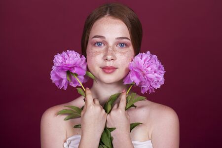Portrait close up of young beautiful redhair girl. Makeup beauty modelの写真素材