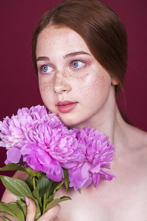 Portrait close up of young beautiful redhair girl. Makeup beauty modelの写真素材