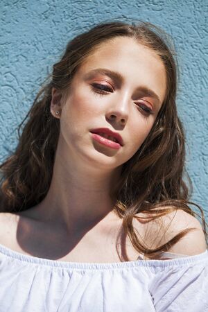 Make up beauty face. Portrait close up of young beautiful brunette womanの写真素材