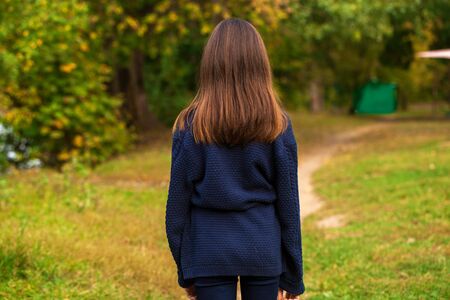 Back view hair brunette girl posing in autumn park background