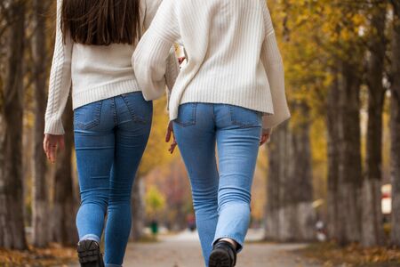Back view, Two girlfriends in a white woolen sweater and blue jeans walk in the autumn parkの写真素材