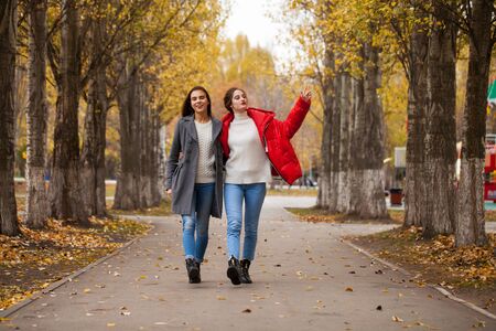 Two girlfriends in a gray wool coat and a red down jacket walk in the autumn parkの写真素材