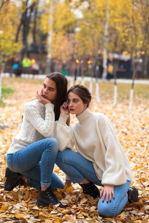 Full body portrait. Two girlfriends in a white woolen sweater and blue jeans in the autumn parkの写真素材