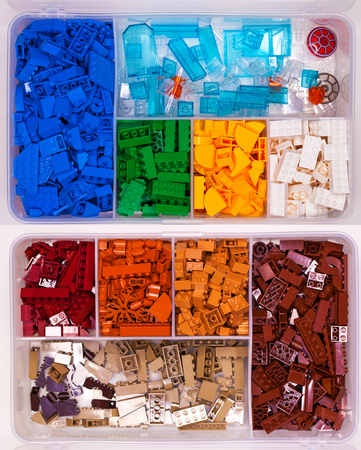 RUSSIAN, SAMARA; december 18, 2019. Yelloe Constructor Lego Classic. Set of colored cubes of lego in...