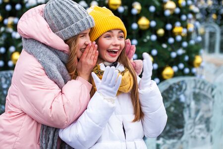 Two young beautiful girlfriends walk in the winter in a city parkの写真素材
