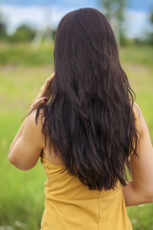 Close up Female long brunette hair, rear view, summer park outdoorの写真素材