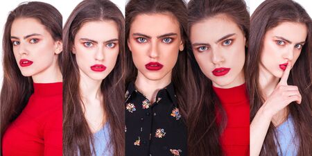 Collage Make up beauty female face. Close up portrait of a young beautiful brunette models in studio