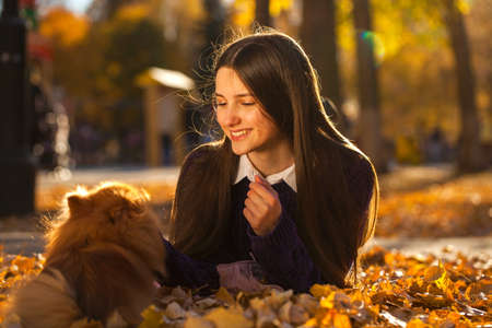 Young beautiful girl in a purple sweater lies on fallen autumn leavesの写真素材