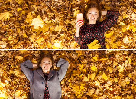 Full body portrait of a young beautiful girl in an autumn park
