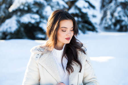 Close up portrait of a young beautiful brunette woman in winter parkの写真素材