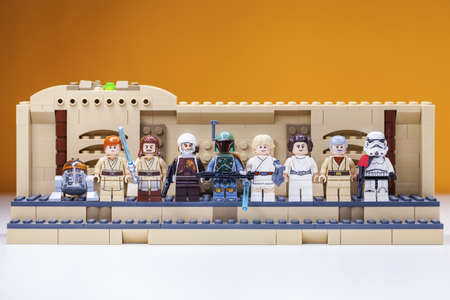 RUSSIA, SAMARA, FEBRUARY 15, 2020 - Lego Star Wars Minifigures Constructor. Scarlet guard, Emperor Darth Sidious, Darth Vader, Darth Moulのeditorial素材