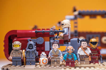 RUSSIA, SAMARA, FEBRUARY 15, 2020 - Lego Star Wars Minifigures Constructor. Scarlet guard, Emperor Darth Sidious, Darth Vader, Darth Moulのeditorial素材