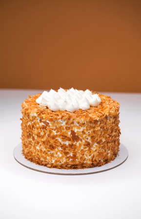 Homemade honey pear cake with waffle crumbsの写真素材