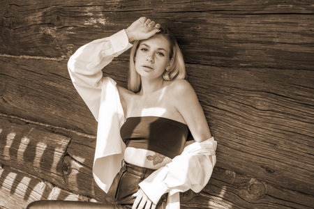 Close up portrait of a young beautiful blonde girlの写真素材