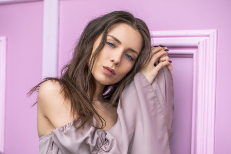 Close up portrait of a young beautiful brunette girlの写真素材