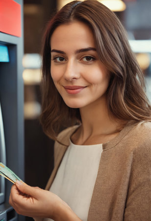 Brunette young lady using an automated teller machine. Woman withdrawing money or checking account balanceの素材