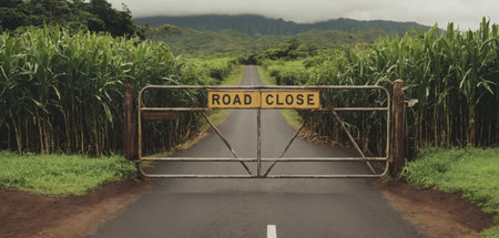 Fence with a sign - the road is closed. Generative AIの素材