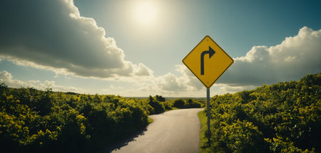 turn right yellow road sign. Generative AIの素材