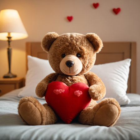 Teddy bear sitting on the bed with a heart. Generative AIの素材