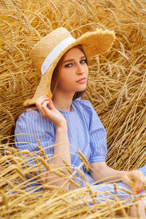 Close up portrait of a young beautiful woman, summer outdoorの写真素材