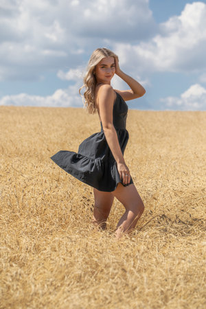 Portrait of a young beautiful blonde girl in black summer dressの写真素材