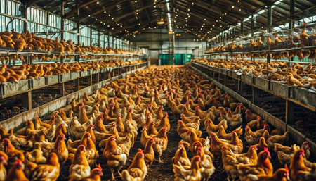 A large group of chickens are inside a barn. Generative AIの素材