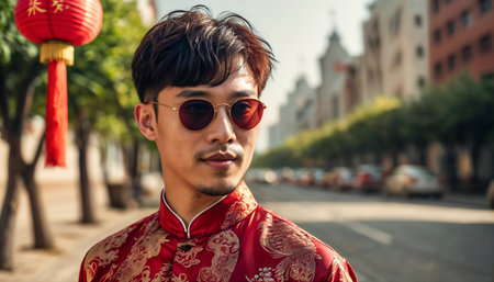 Portrait of a handsome young guy in stylish sunglasses. Generative AIの素材