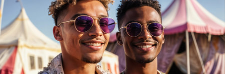 Two young guys in stylish sunglasses. Generative AIの素材