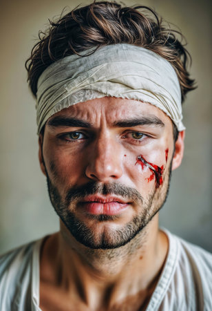 Wounded young man - head bandaged with bandages. Generative AIの素材
