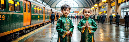 two Chinese boys brothers at the train station. Generative AIの素材