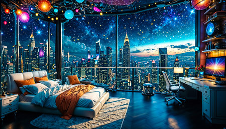 Bedroom interior with large windows overlooking the night city from above. Generative AIの素材