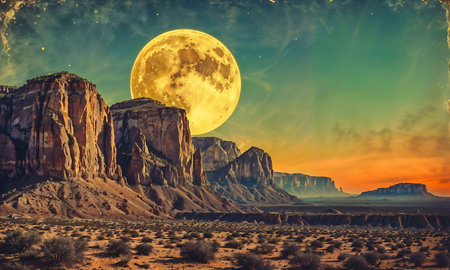 Mystical landscape mountain canyon with big moon. Generative AIの素材