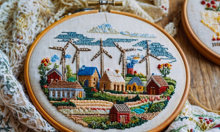 Macrame city embroidery. Generative AIの素材