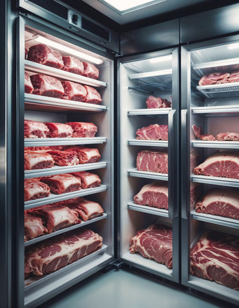 Fresh meat in refrigerators. Generative AIの素材